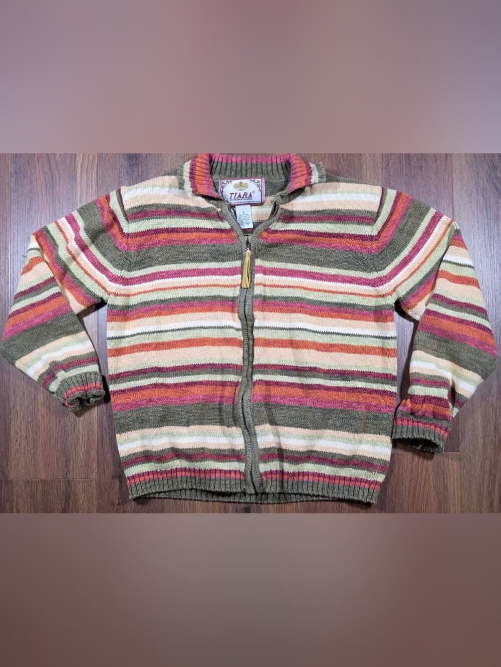 Tiara Olive & Cream Striped Zip Cardigan with Pink Accents